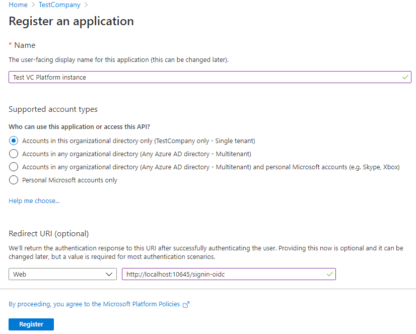 Azure portal, new app registration details