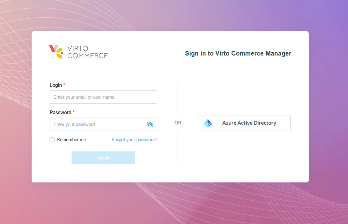 Virto Commerce Platform Manager login page with SSO