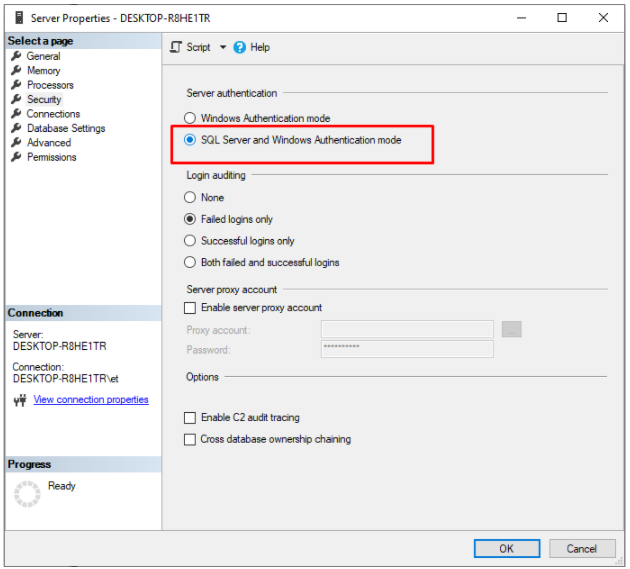 Selecting server authentication mode