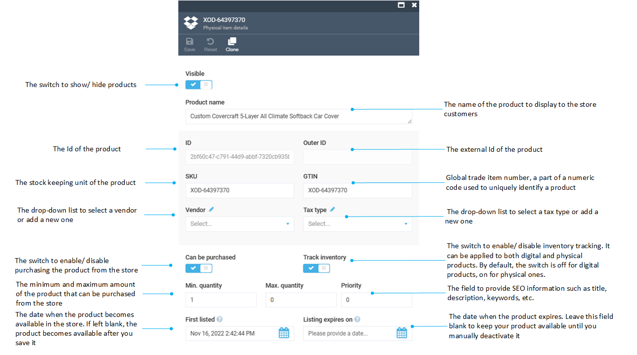 Products details fields