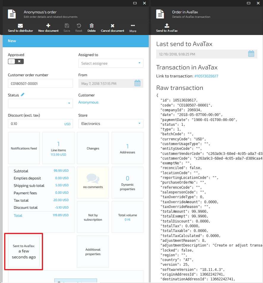 AvaTax transaction details blade